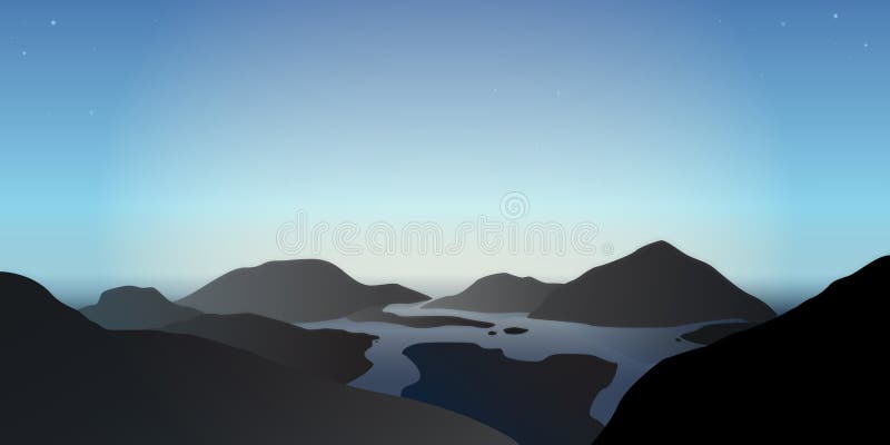 Illustration of a misty morning in blue mountains at lake river