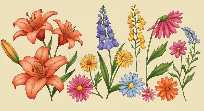 Illustration mit verschiedenen bunten Blumen. Hervorzuheben sind die orangen Lilien vektor abbildung