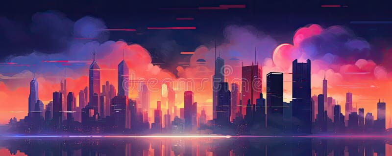 Illustration of a Modern City Skyline with Glowing Skyscrapers ...