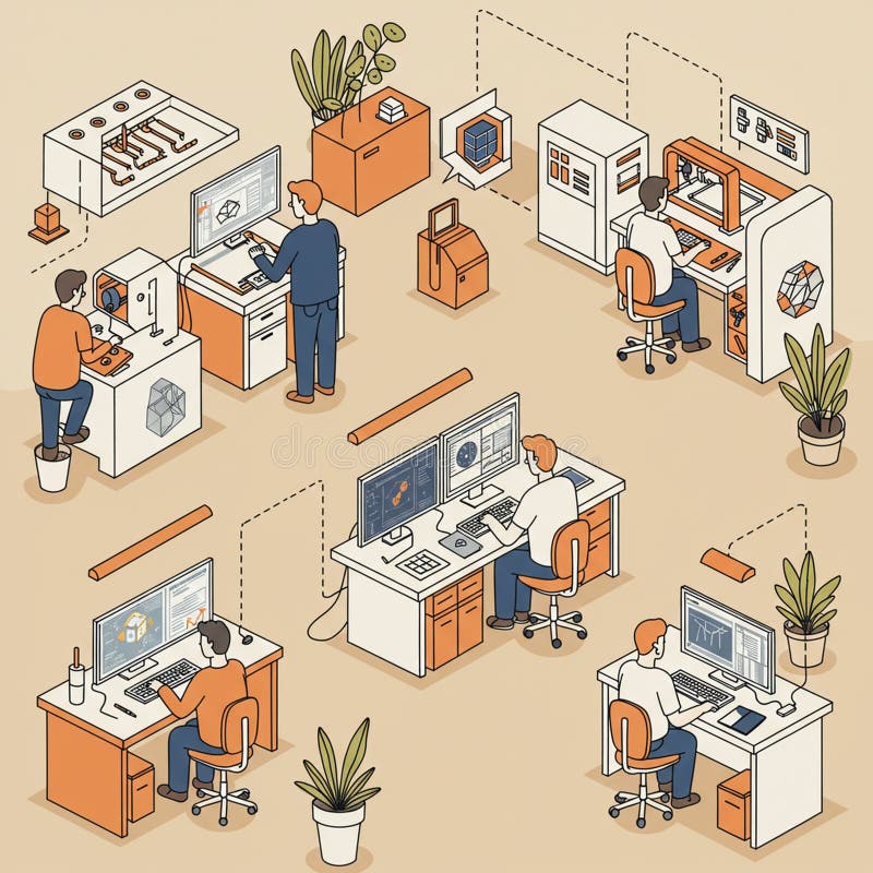 An illustration of a modern office environment featuring five workers engaged in vector illustration