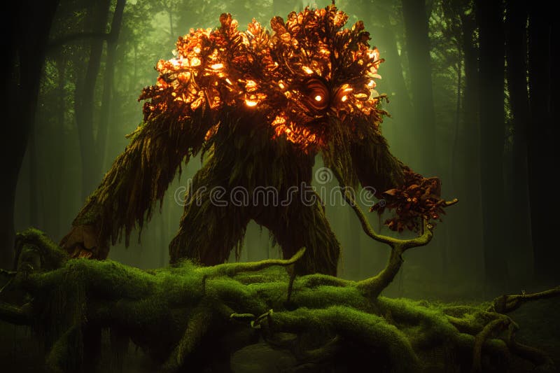 Tree Monster in the forest stock illustration. Illustration of glowing 273805349