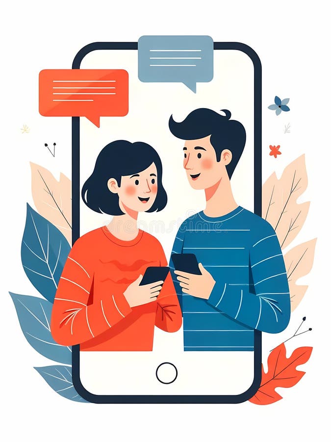 Illustration montre un couple heureux engagé dans une conversation en ligne à travers leurs smartphones côte à côte illustration libre de droits