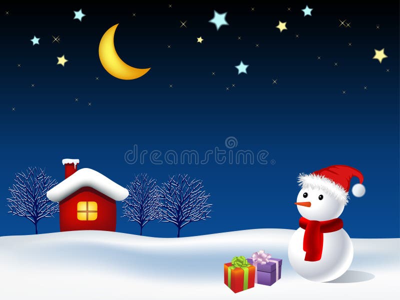 Illustration of moon night and snowman.