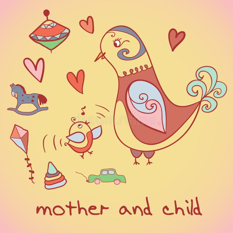 Postcard illustration, mother and child. Birds. Use as greeting card