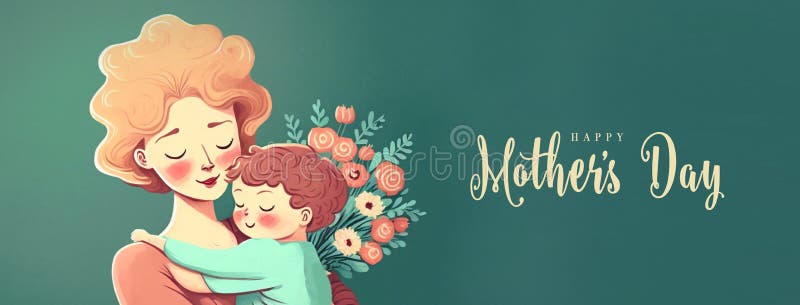 Illustration of mother with her little child, flower in the background. Concept of mothers day, mothers love