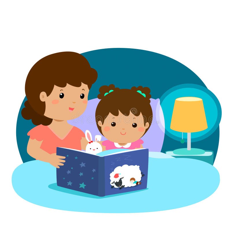 A illustration of a mother reading a bedtime story to her daughter. Mom and daughter are in bed at night atmosphere under the light of lamp.