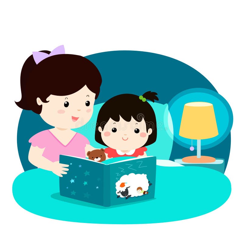 A illustration of a mother reading a bedtime story to her daughter. Mom and daughter are in bed at night atmosphere under the light of lamp.