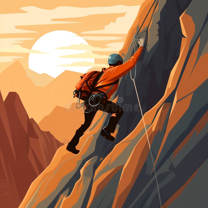 Illustration of a Mountain Climber Climbing a Mountain Stock