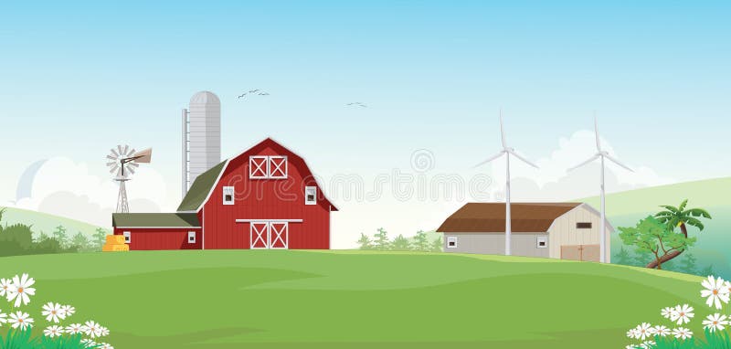 Vector illustration of Mountain countryside with red farm barn