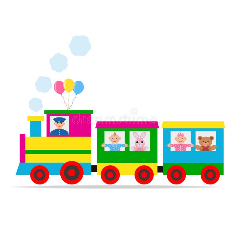 Multi-colored toy locomotive with a boy, girl, animals and a driver on a white background. vector illustration