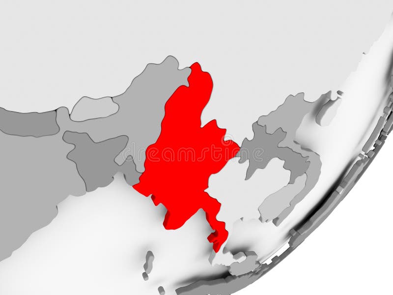 Myanmar in red on grey map stock illustration. Illustration of political - 121002807