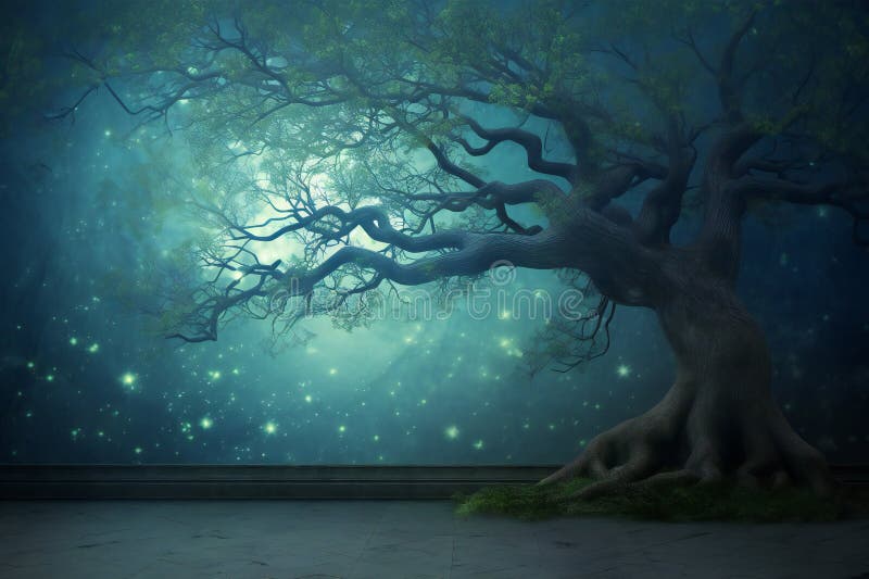 Mystical fantasy landscape with old tree stock illustration