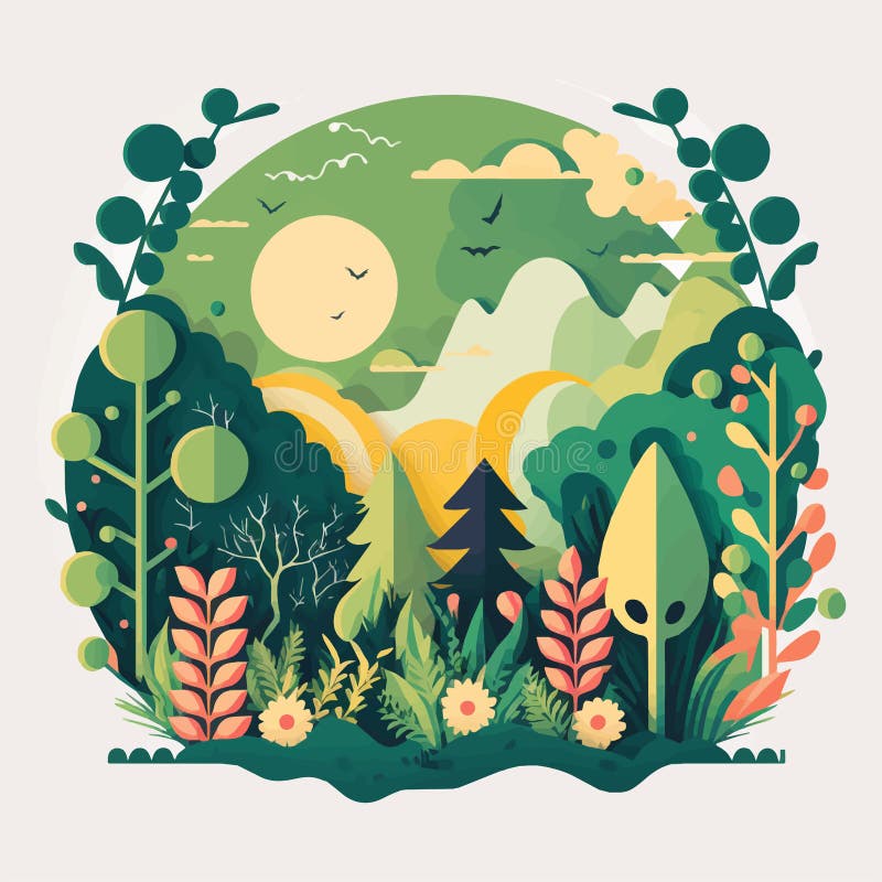 Nature Mountain Forest Jungle Landscape Background in Vector Flat Color ...