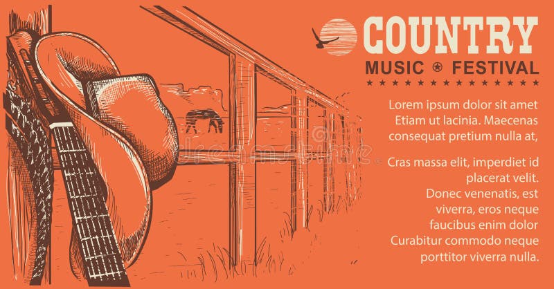 Illustration occidentale de musique country avec le chapeau de cowboy et le GUI de musique