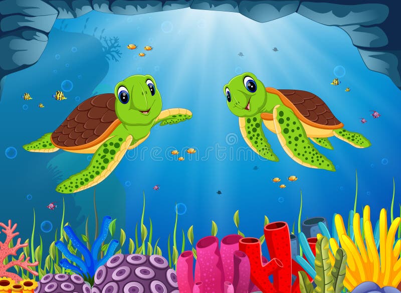 The ocean view with the two green turtle swimming stock illustration The ocean view with the two green turtle swimming stock illustration