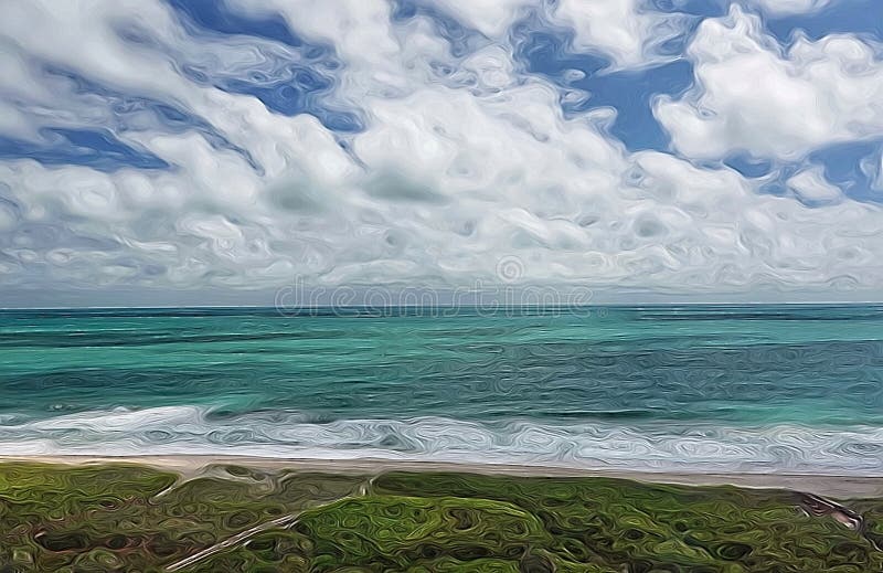 Illustration of Ocean waves lapping on the beach on a beautiful sunny day along the shoreline in Florida.