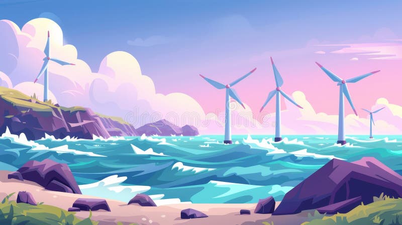 Illustration of an offshore wind farm with turbines standing in the sea. Alternative energy generation, sustainable energy resources. Cartoon ocean landscape with windmills.. AI generated