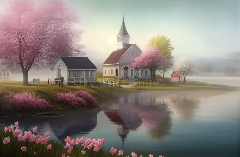 An Illustration of old church in New England-style village during spring time with morning mist , AI-Generated image