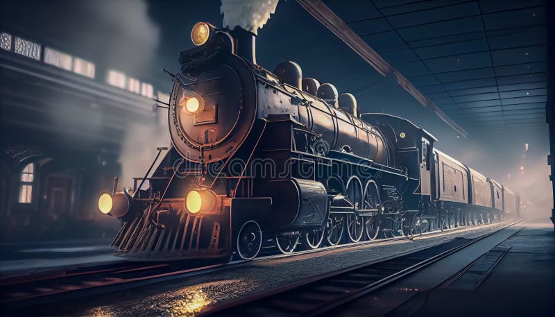 An Illustration of an Old Steam Engine Train at a Small Station ...