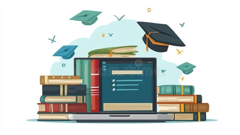 Online Education: Graduation, Books, and Laptop royalty free illustration