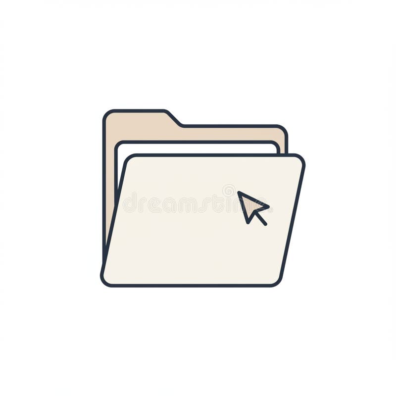 Illustration of an open file folder icon with a beige color and an arrow cursor pointing royalty free illustration