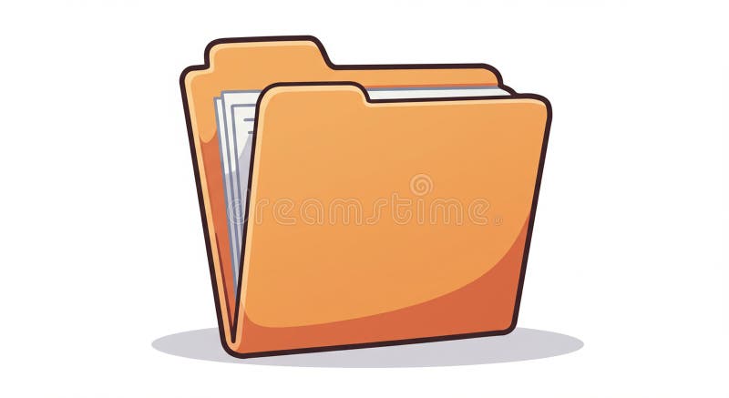 Illustration of an open, orange folder with black outlines, displaying a stack of white stock illustration