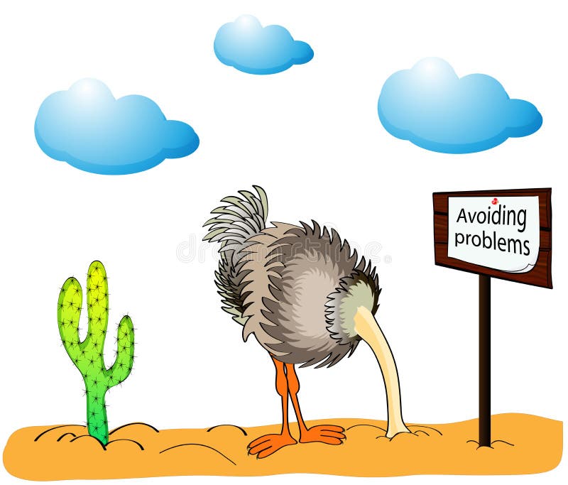 ostrich head in the sand with an inscription on a banner avoiding problems. Cartoon funny