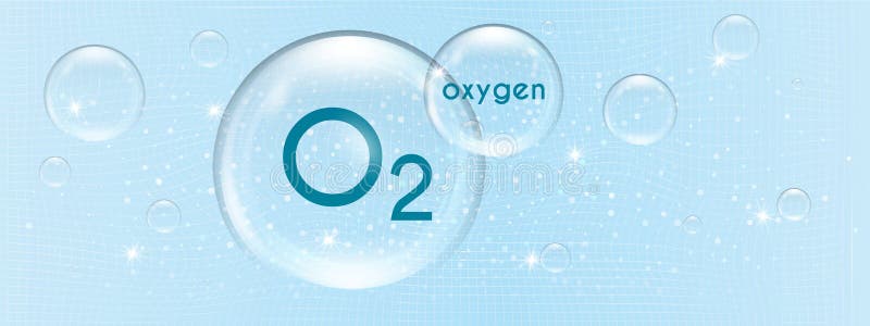 Illustration of an oxygen molecule symbolized by O2 surrounded by bubbles, depicted on a light blue, abstract patterned background. Ideal for scientific, educational, or conceptual uses. Oxygen molecule blue vectors