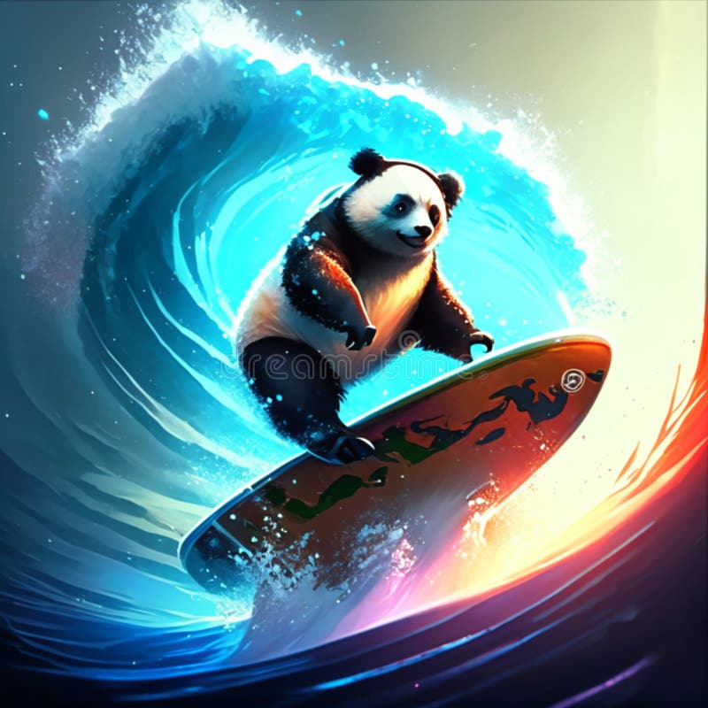 Illustration Of A Panda Surfing On A Surfboard With A Wave In The