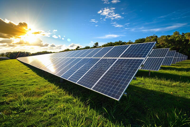 Illustration of panoramic view of solar panels in an open field, with the sun casting long shadows and highlighting their sl royalty free illustration.