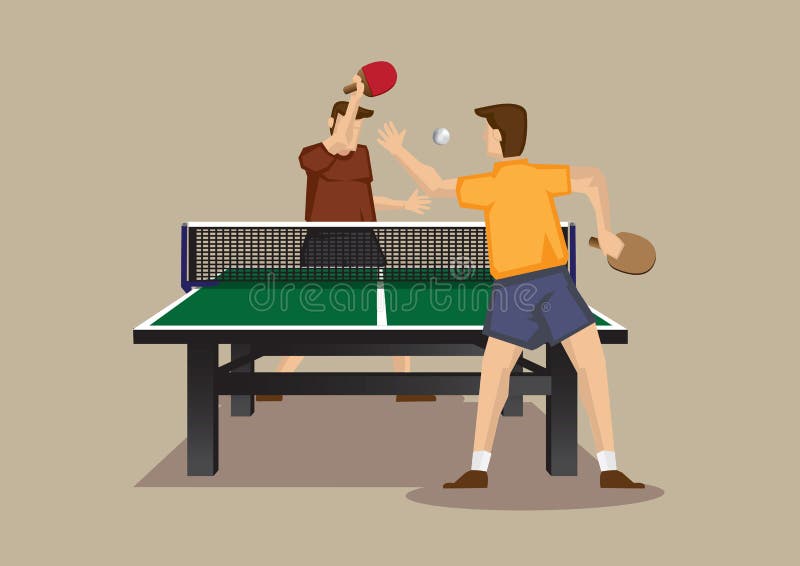 Cartoon vector illustration of ping pong players smashing ping pong ball with bats in an exciting game isolated on plain background. Cartoon vector illustration of ping pong players smashing ping pong ball with bats in an exciting game isolated on plain background.