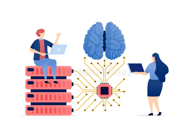 Illustration of People Accessing a Database Linked to an AI Brain via a Chip, Advancing Artificial Intelligence for Efficient Data royalty free illustration