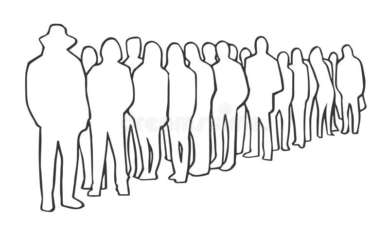 Illustration of People, Passengers Waiting, Standing in Line in Black