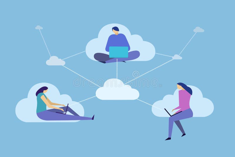 People work with laptop on cloud platform stock illustration
