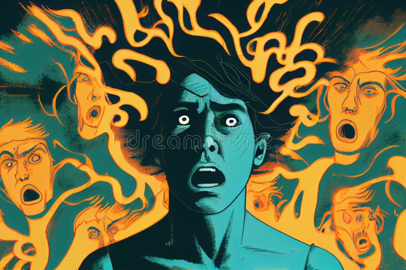 Illustration of person with schizophrenia, experiencing auditory and visual hallucinations royalty free illustration