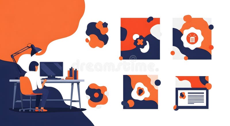 Person working at desk with computer and lamp in modern workspace style royalty free illustration