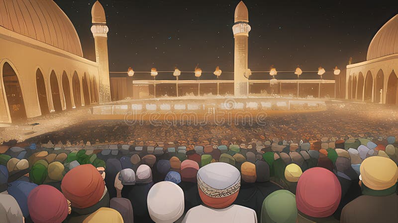 Illustration of pilgrims gather mosque to pray. Ai generated