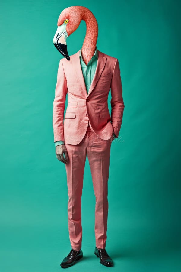 Illustration of a pink illustrated flamingo dressed as a man in elegant, modern clothing. Abstract animal portrait. Half stock photo