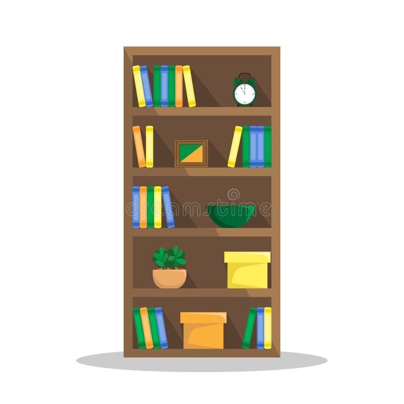Illustration plate d'une bibliothèque confortable avec des livres, horloge illustration libre de droits Illustration plate d'une bibliothèque confortable avec des livres, horloge illustration libre de droits