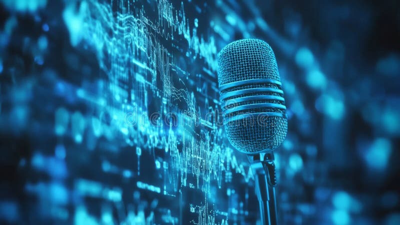 An illustration of a podcast concept with a microphone and a recording wave, symbolic of future technology stock photos