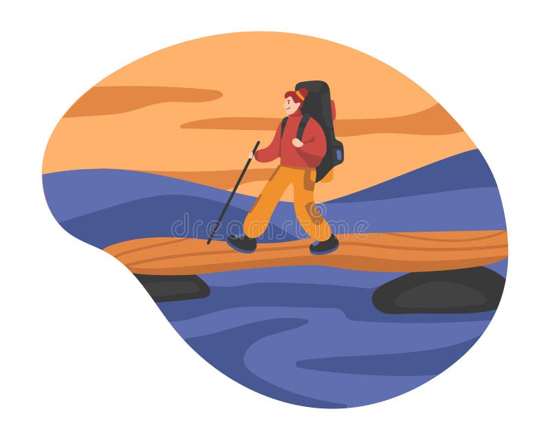 Illustration of positive guy with backpack climbs mountain vector illustration