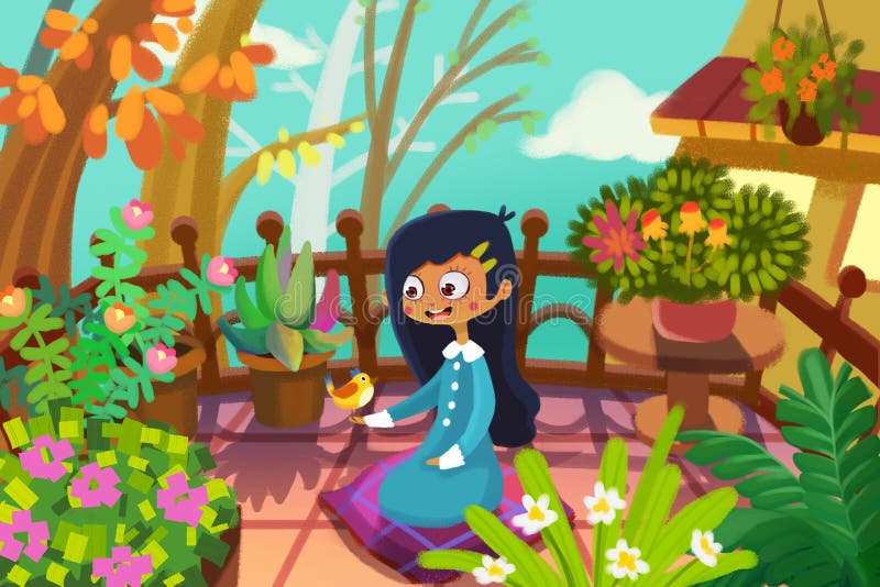 Illustration pour des enfants : La fille et l'oiseau Dans son jardin minuscule sur son balcon, elle rencontrent son petit ami illustration stock Illustration pour des enfants : La fille et l'oiseau Dans son jardin minuscule sur son balcon, elle rencontrent son petit ami illustration stock