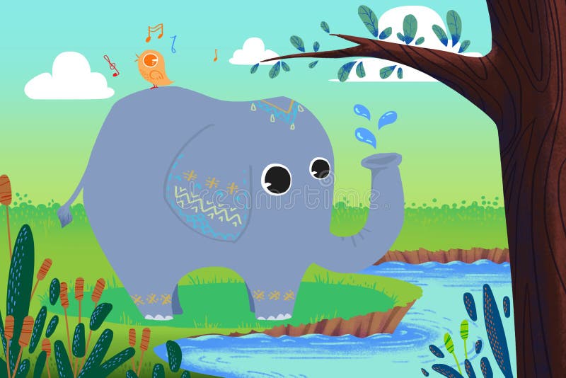 Illustration pour des enfants : Le petit éléphant lave et le petit oiseau chante ! illustration stock Illustration pour des enfants : Le petit éléphant lave et le petit oiseau chante ! illustration stock