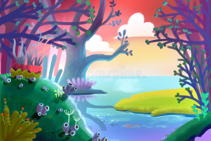 Illustration pour des enfants : Un petit champ d'herbe verte à l'intérieur de la forêt magique par la rive illustration libre de droits