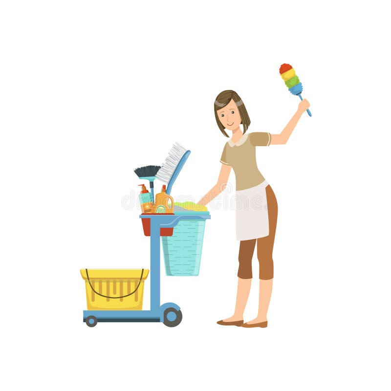 Hotel Professional Maid With Cleaning Equipment Cart Illustration. Cleaning Lady Tiding Up With Special Inventory Simple Flat Vector Drawing. Hotel Professional Maid With Cleaning Equipment Cart Illustration. Cleaning Lady Tiding Up With Special Inventory Simple Flat Vector Drawing.