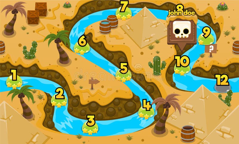 Pyramid Desert Nile River Game Level Map vector illustration