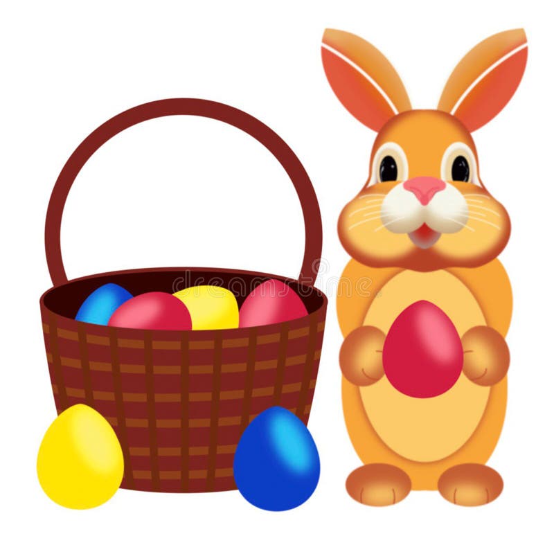 Illustration of a Rabbit and a Wicker Brown Basket with Easter Eggs Handdrawn on a White