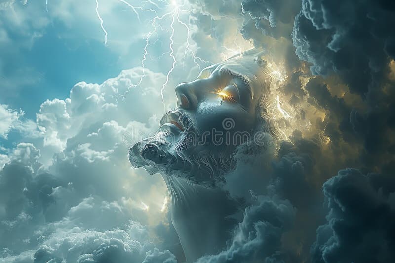 Illustration of radiant and shining jesus in the clouds with thunder lighting up, background image, blue sky, stormy dark cl vector illustration