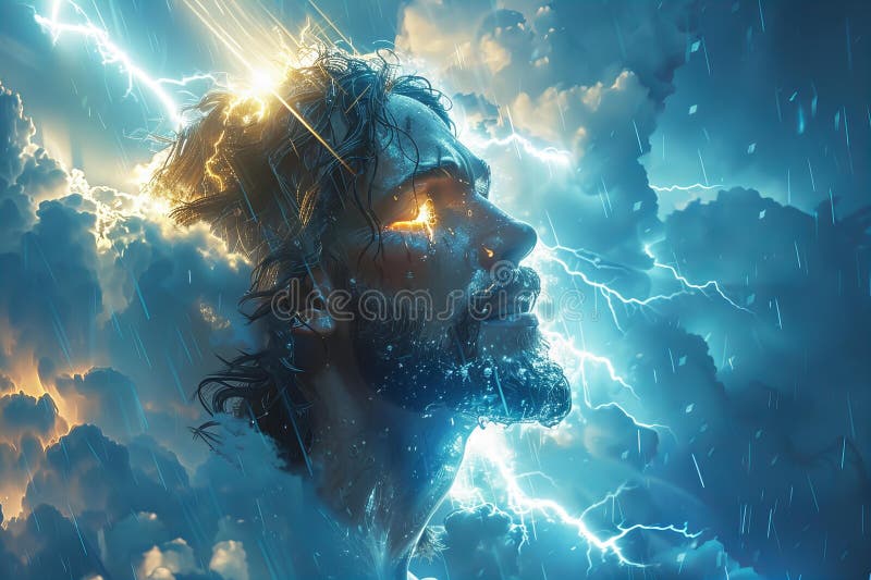 Illustration of radiant and shining jesus in the clouds with thunder lighting up, background image, blue sky, stormy dark cl royalty free illustration.