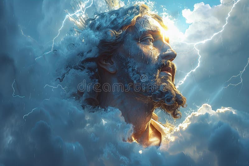 A radiant and shining jesus in the clouds with thunder lighting up, background image, blue sky, stormy dark clouds, sun rays royalty free illustration